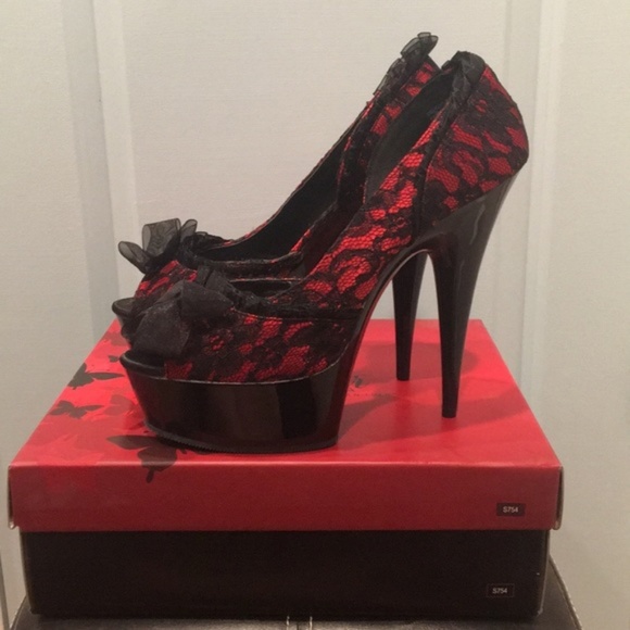Pleaser Shoes - Open Toed Black/Red Lace Ruffle Pleaser Heels
